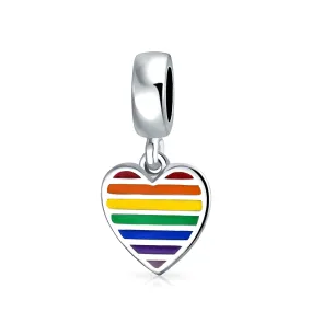 .925 Sterling Silver LGBTQ Pride Rainbow Yin Yang Circle Heart Dangle Bead Charm