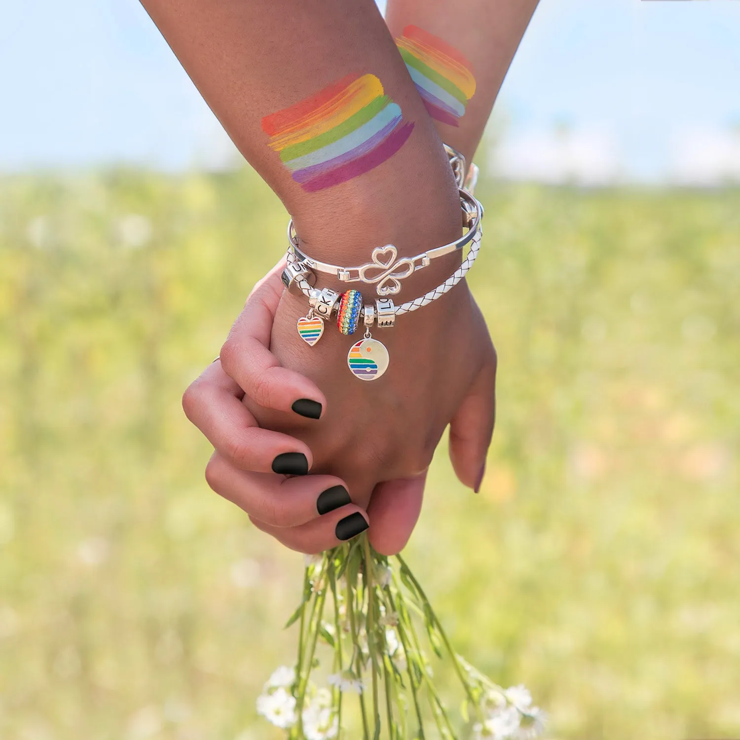 .925 Sterling Silver LGBTQ Pride Rainbow Yin Yang Circle Heart Dangle Bead Charm