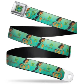 Aladdin 2019 Jasmine Tiara Stone Flower Aqua Full Color Blues/Golds Seatbelt Belt - Jasmine 2019 COURAGEOUS Poses/Floral Collage Turquoise/Golds Webbing