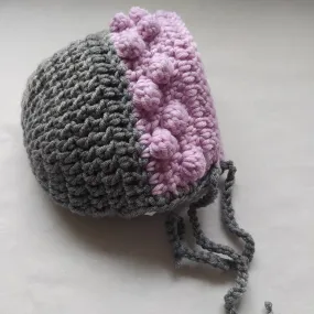 Beautiful Baby Bonnet - Grey and Pink (0-3 months)