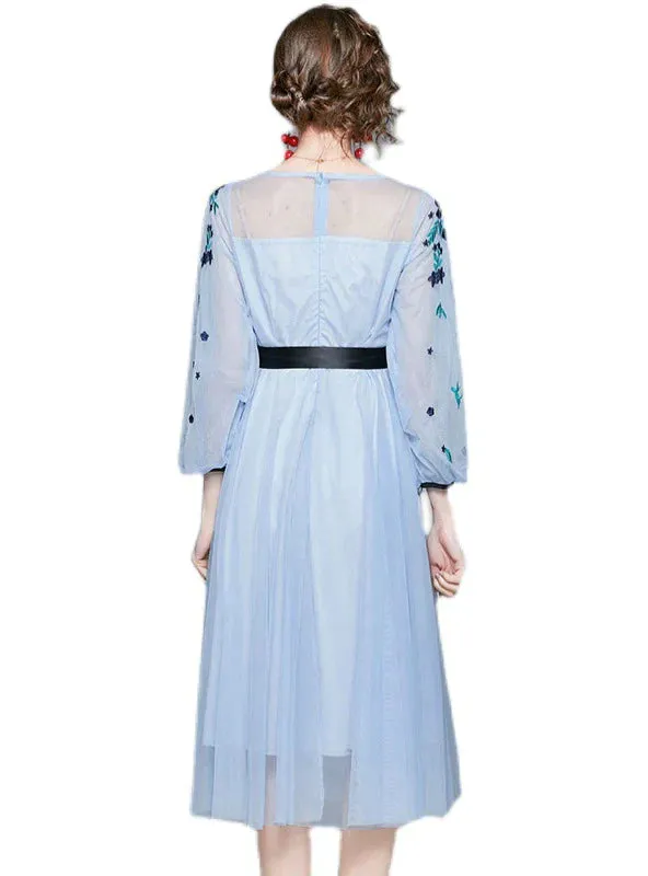 BerryBetty - Blue Gauze Embroidered Tulle Dress