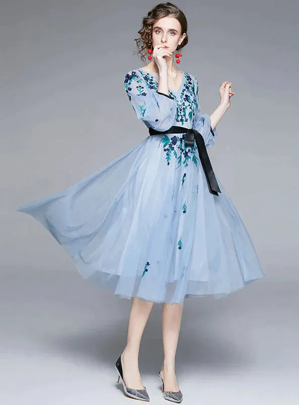 BerryBetty - Blue Gauze Embroidered Tulle Dress