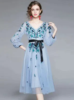 BerryBetty - Blue Gauze Embroidered Tulle Dress