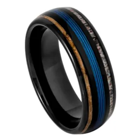 Black IP Domed Tungsten Ring with Koa Wood, Blue Wire & Deer Antler Inlays – 8mm