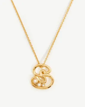 Chubby Pearl Initial Pendant Necklace  - Initial S | 18ct Gold Vermeil/Pearl