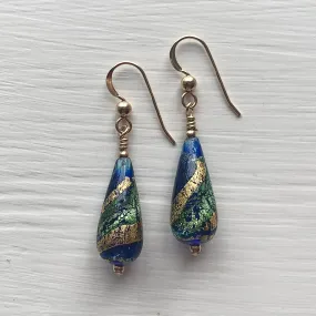 Earrings with dark blue (cobalt), teal, gold Murano glass short pear drops on silver or gold