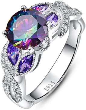 Engagement Anniversary Ring with 3.6Ct Created Rainbow Topaz Cubic Zirconia 925 Sterling Silver