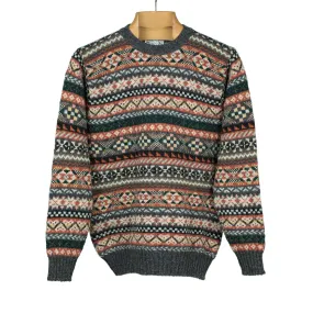 Fair Isle crew-neck sweater, charcoal, rust, brown & coral (restock)