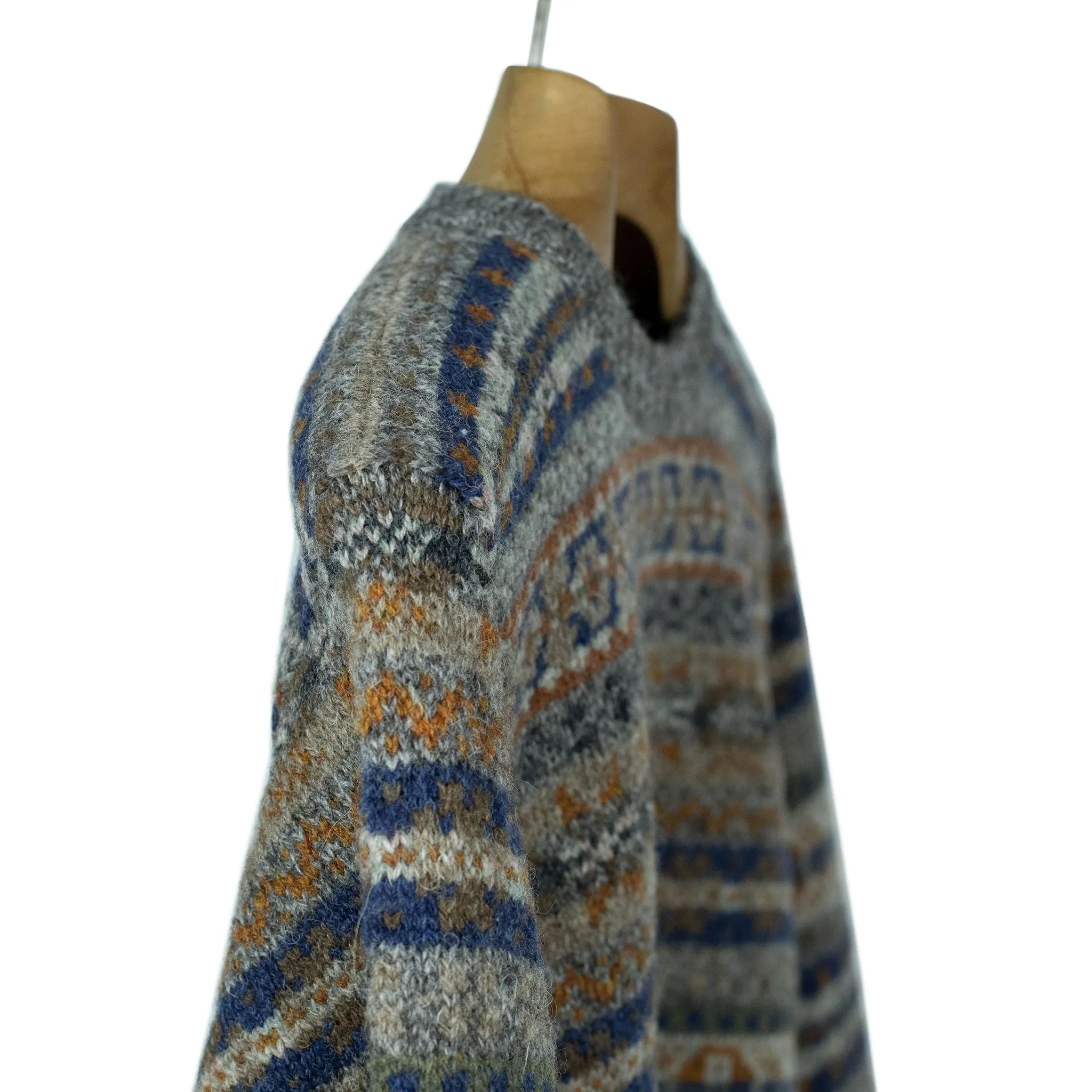 Fair Isle crew-neck sweater, mixed grey, navy & tobacco (restock)