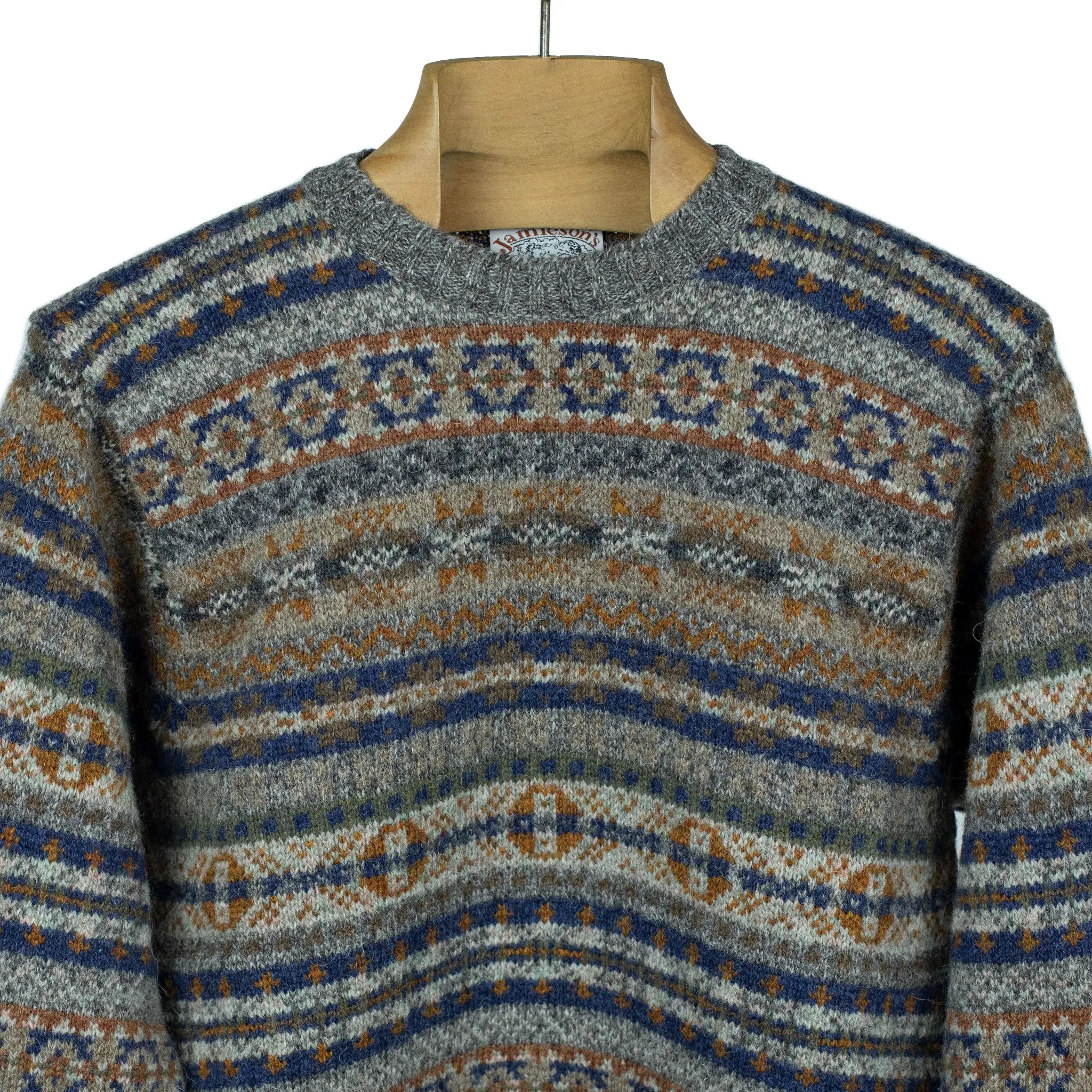 Fair Isle crew-neck sweater, mixed grey, navy & tobacco (restock)