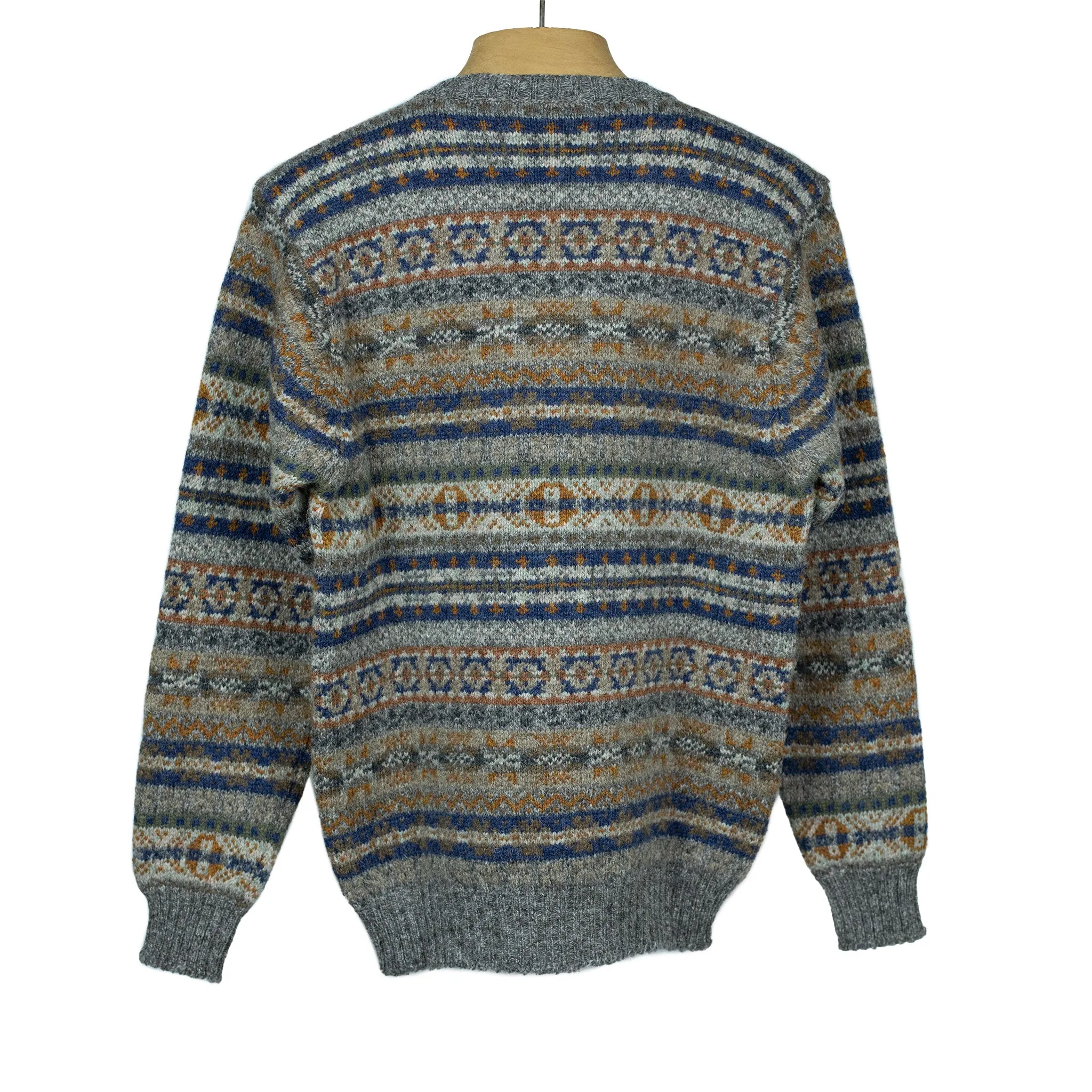 Fair Isle crew-neck sweater, mixed grey, navy & tobacco (restock)