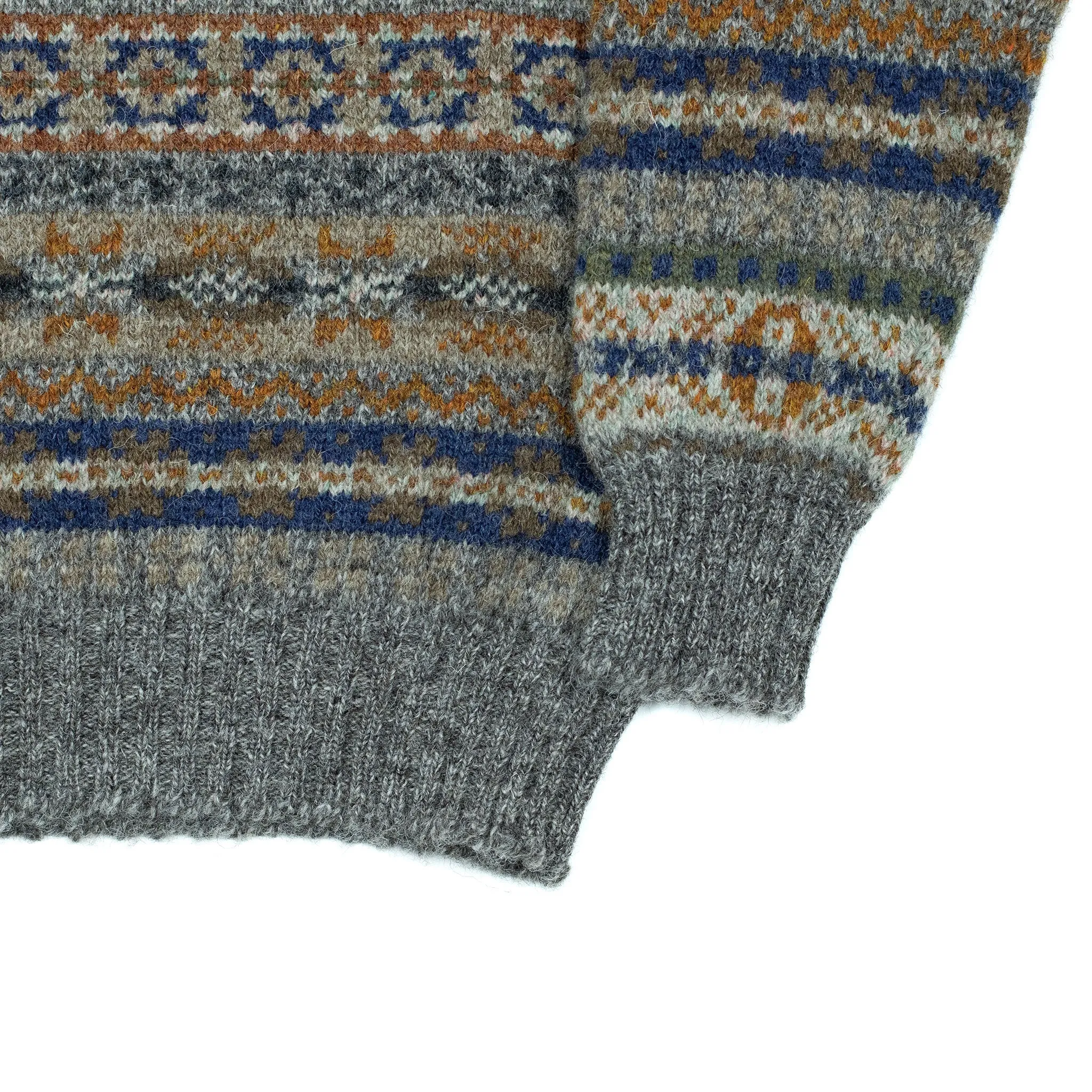 Fair Isle crew-neck sweater, mixed grey, navy & tobacco (restock)