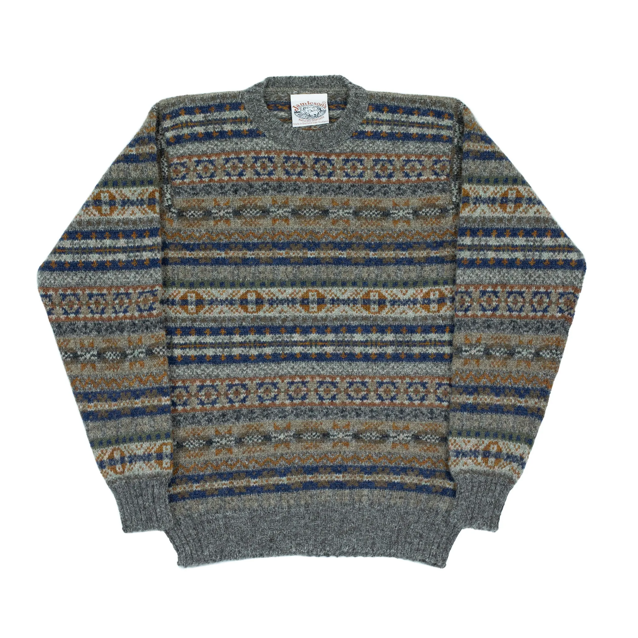 Fair Isle crew-neck sweater, mixed grey, navy & tobacco (restock)