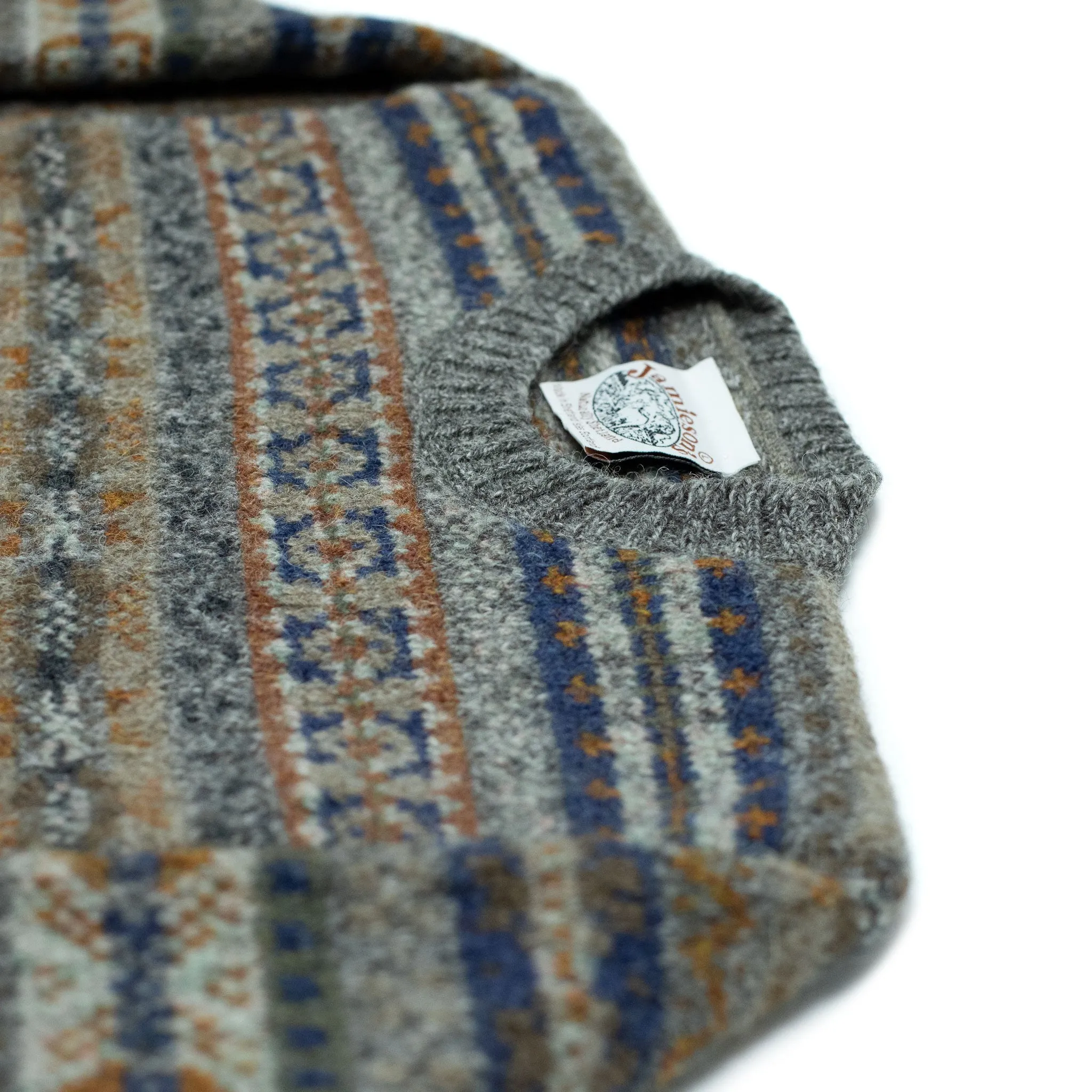 Fair Isle crew-neck sweater, mixed grey, navy & tobacco (restock)