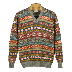 Fair Isle v-neck long-sleeve sweater, grey, blue, mustard, teal & red