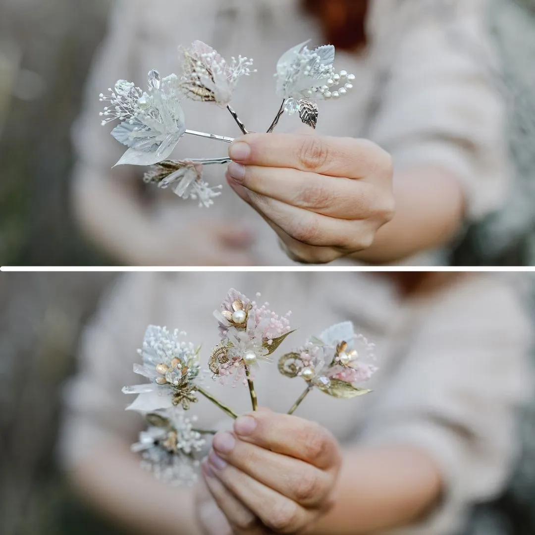 Golden/Silver vintage hairpins Bridal flower hair pins Wedding accessories Handmade Hair flowers crystals Elegant hairpins Pearls Beads