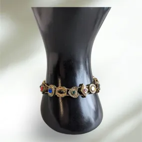 Goldette Slide Bracelet Multiple Faux Gems Pearls Antique Gold Tone Setting Victorian Revival Style