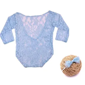 New Born Baby Blue Lace Romper & Bow Set Photography Prop (3 Months)