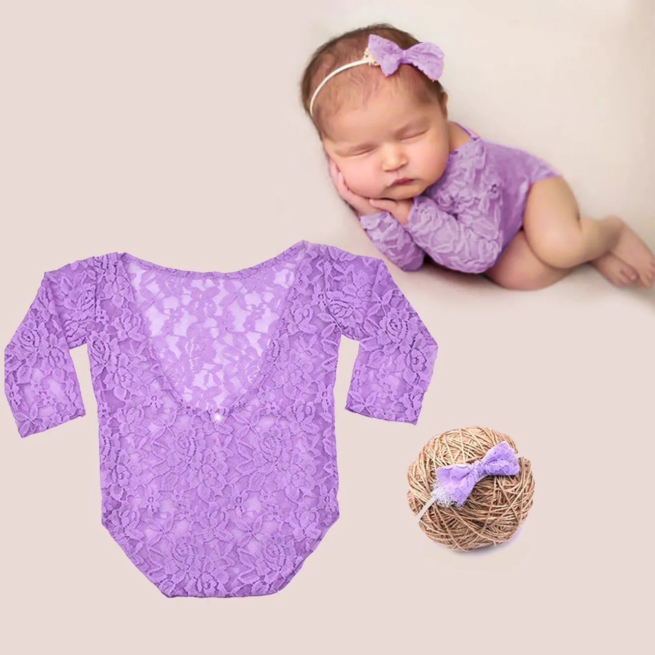 New Born Lavender Lace Romper & Bow Set Photography Prop (3 Months)