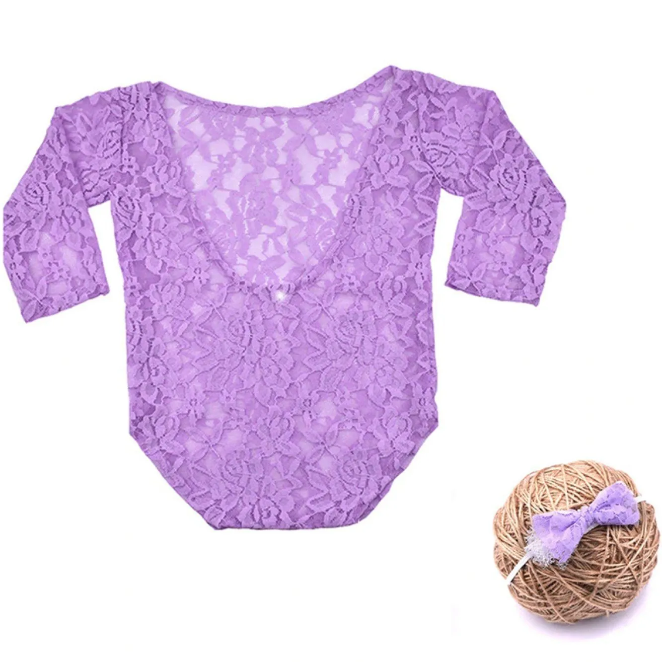 New Born Lavender Lace Romper & Bow Set Photography Prop (3 Months)