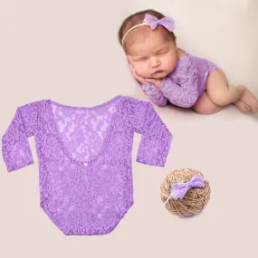 New Born Lavender Lace Romper & Bow Set Photography Prop (3 Months)