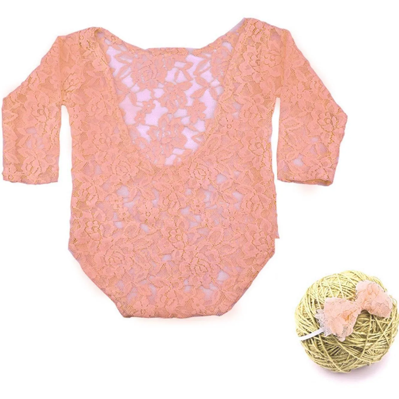 New Born Peachy Pink Lace Romper & Bow Set Photography Prop (3 Months)