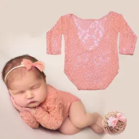 New Born Peachy Pink Lace Romper & Bow Set Photography Prop (3 Months)