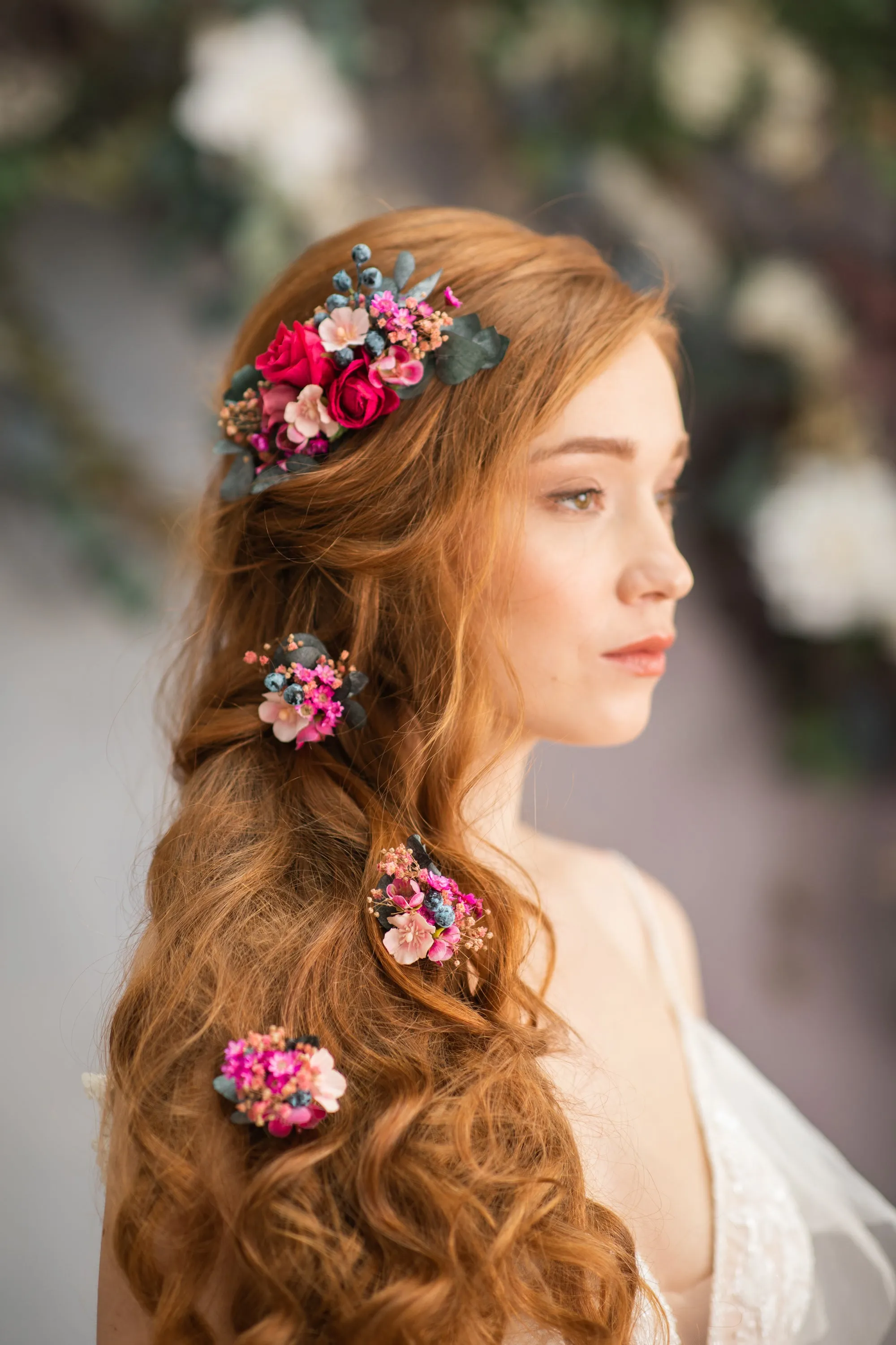 Pink flower hair comb and hairpins