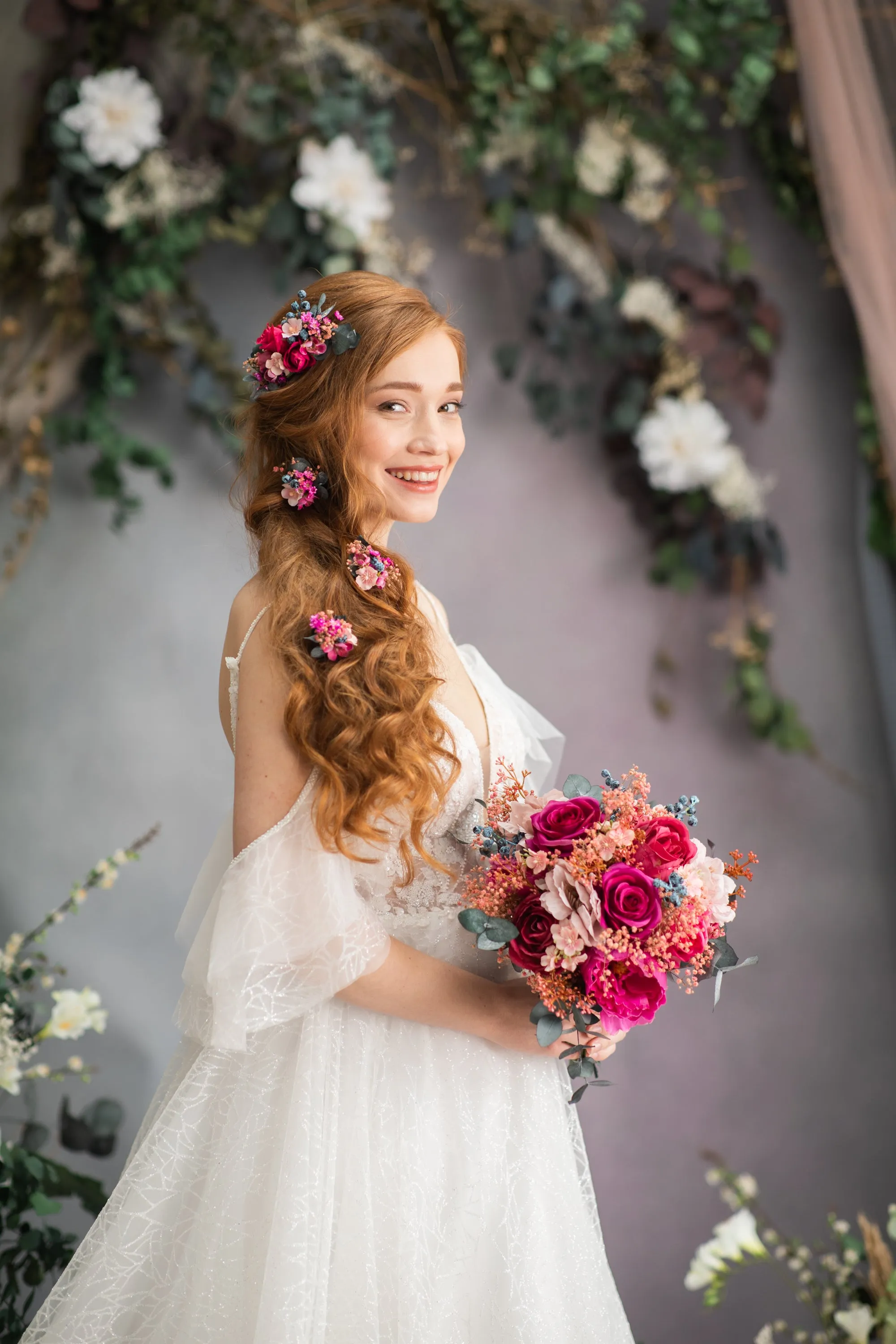 Pink flower hair comb and hairpins