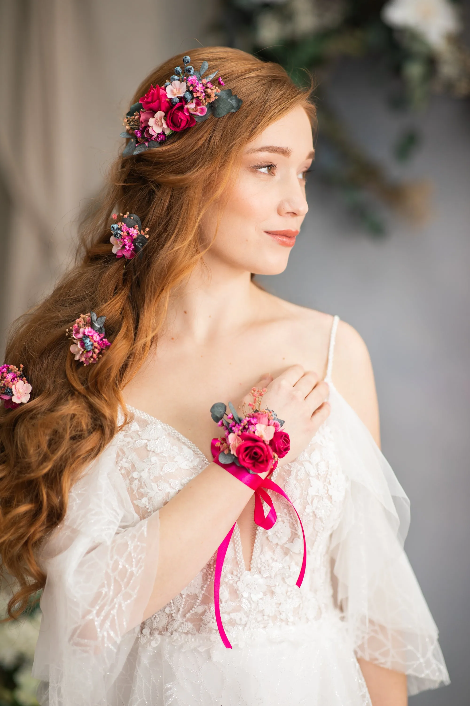 Pink flower hair comb and hairpins