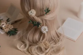 Real Eucalyptus & Straw Flowers with Dried Gypsophila 5 Piece Hair Pin Set