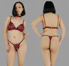 Sexy lingerie set with crotchless G string panties  in see through burgundy red lace sexy sheer boudoir  lingerie