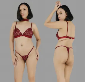 Sheer lingerie set with G string panties in see through burgundy red lace sexy  boudoir lingerie