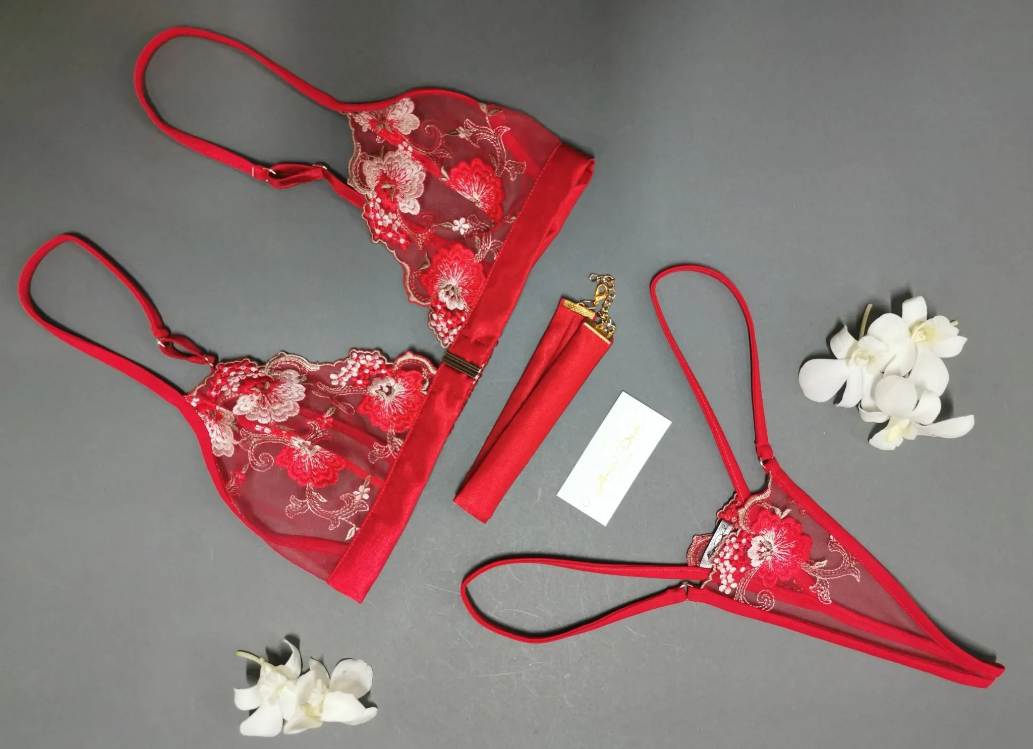 Sheer lingerie set with G string panties in see through red lace sexy boudoir  lingerie