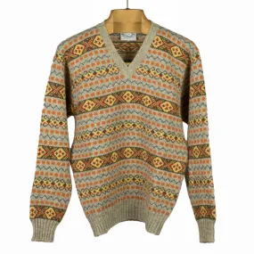 The Duke Fair Isle v-neck sweater, greige, orange, brown & blue